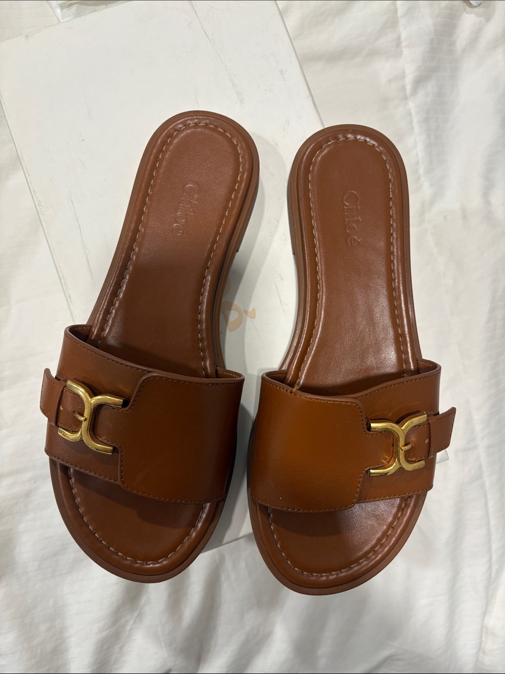 Women’s CHLOE Brown Leather Slide Sandals with Gold Hardware Size 38